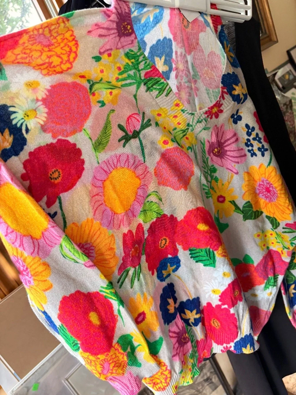 Vilagallo Floral V Neck Cotton Boxy Sweater Maximalist Artsy Dopamine Boho Y2K M - Picture 1 of 1